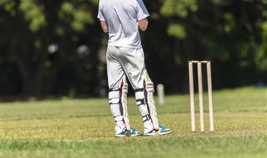 Gentleman waiting to play cricket standing next to wicket 